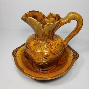 Vintage Retro Cal Style 1108 Orange Drip Glaze Studio Pottery Pitcher Bowl Set